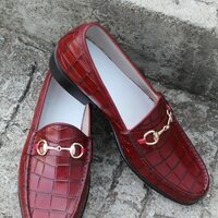 Burgundy Color Crocodile Texture Horse bit Men Loafers Dress Shoes - Thumbnail 2