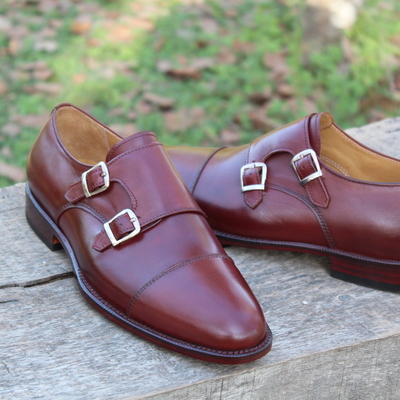  crafted leather burgundy double monk strap dress shoes - Thumbnail 3