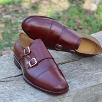  Crafted Leather Burgundy Double Monk Strap Dress Shoes - Thumbnail 2