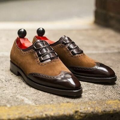 New handmade men oxford wing tip brown tan superior leather party wear lace up