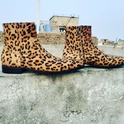Crafted leather handmade leopard skin print shoes ankle high dress side zipper pull on boot, rock style boots for men - Thumbnail 5