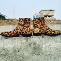 Crafted Leather Handmade Leopard Skin Print Shoes Ankle High Dress Side Zipper Pull On Boot, Rock style Boots for Men - Thumbnail 1