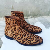 Crafted Leather Handmade Leopard Skin Print Shoes Ankle High Dress Side Zipper Pull On Boot, Rock style Boots for Men - Thumbnail 2