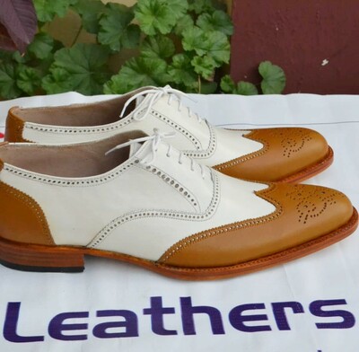 Crafted Leather Handmade Brown White Leather Wingtip Oxford Dress Shoes