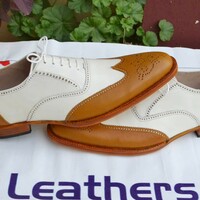Crafted Leather Handmade Brown White Leather Wingtip Oxford Dress Shoes - Thumbnail 1