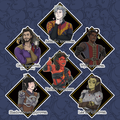 Baldur's gate 3 approval character stickers | collection of 6 3x3" vinyl die-cut stickers