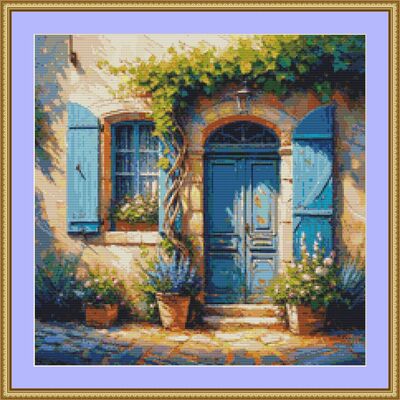 Blue door and shutters cross stitch pattern