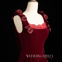 Burgundy Velvet Evening Dress for Women Banquet Elegant Sleeveless A-line Simple Party Formal Gowns F-518O - Thumbnail 3