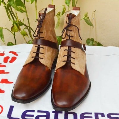 Crafted leather  brown leather beige suede dress shoes men buckle strap ankle high boot - Thumbnail 5
