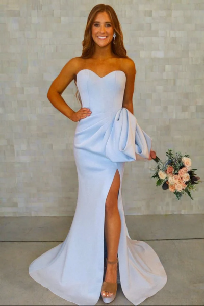 Long Satin Ice Blue Formal Dress Sweetheart Mermaid With Bow