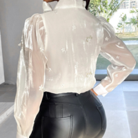 Elegant Embroidered Bow Long Sleeved Shirt - Thumbnail 1