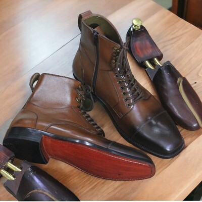 Men side zipper ankle boots two tone burnish toe cap toe dress boots - Thumbnail 2