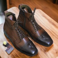 Men Side Zipper Ankle Boots Two Tone Burnish Toe Cap toe Dress Boots - Thumbnail 1