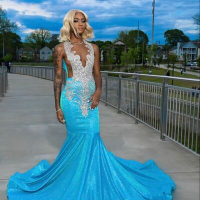 Blue mermaid sequins lace beading crystals african girl prom dresses evening dress