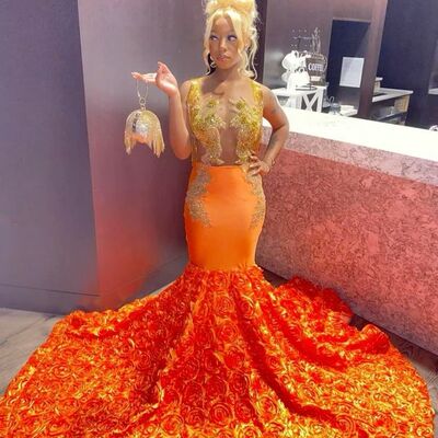 Orange mermaid sequins lace beading crystals african girl prom dresses evening dress