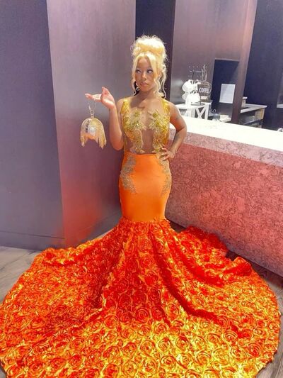 Orange Mermaid Sequins Lace Beading Crystals African Girl Prom Dresses Evening Dress
