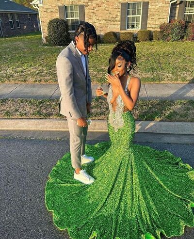 Green Sequins Lace Mermaid Beading Crystals African Girl Prom Dresses Evening Dress