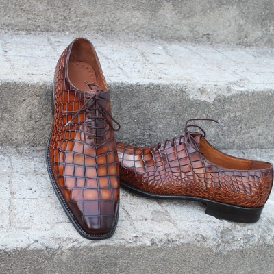 Crafted leather brown black crocodile oxford lace up alligator dress shoes - Thumbnail 4