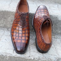 Crafted Leather Brown Black Crocodile Oxford Lace up Alligator Dress Shoes - Thumbnail 2