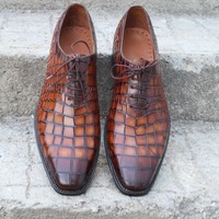 Crafted Leather Brown Black Crocodile Oxford Lace up Alligator Dress Shoes - Thumbnail 3