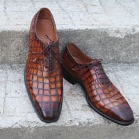 Crafted Leather Brown Black Crocodile Oxford Lace up Alligator Dress Shoes - Thumbnail 5