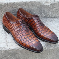 Crafted Leather Brown Black Crocodile Oxford Lace up Alligator Dress Shoes - Thumbnail 7
