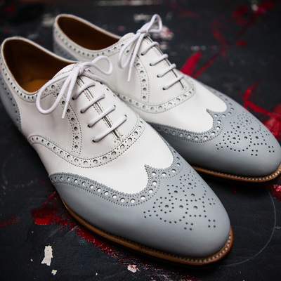 Handmade men two tone lace up shoes, men gray and white formal shoes, handmade men grey and white shoes