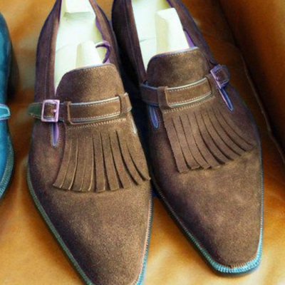 Handmade brownish suede single monk strap shoes