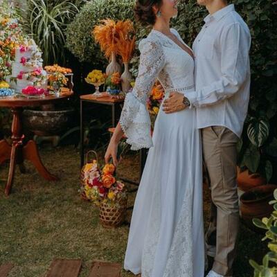 Simple lace beach boho wedding dress bridal gown