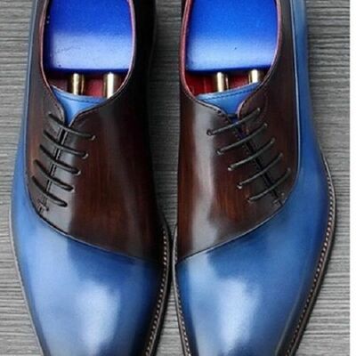 New men handmade blue brown leather dress shoes