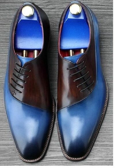 New Men Handmade Blue Brown Leather dress Shoes