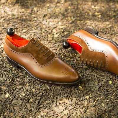 Handmade mens casual shoes, mens tan brown color leather & suede lace up casual shoes