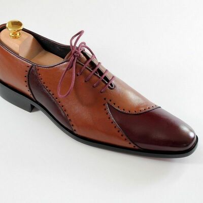 Handmade men's oxford two tone leather shoes brogue toe dress lace up shoes