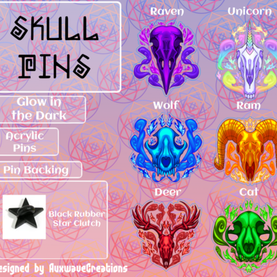 Glow in the dark pins - animal skulls