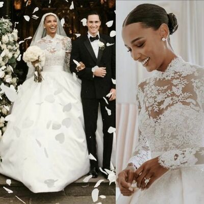 High neck lace appliques mermaid wedding dress bridal gown