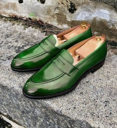 Men's Green Handmade Oxfords Style Penny Loafers Shoes