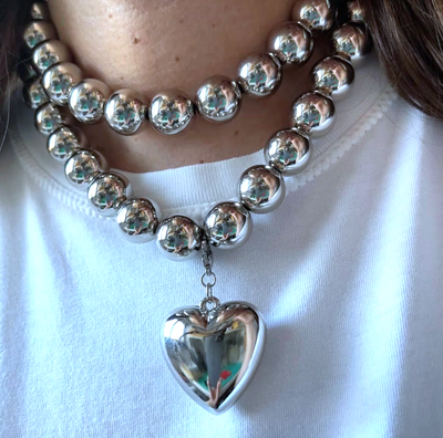 *Free Shipping*SILVER HEART PENDANT BEAD CHAIN NECKLACE 