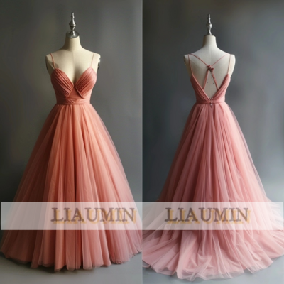 Pink V Neck Full Length Tull Prom Dress Evening Dress Hand Made A-1.1