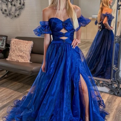 Off the shoulder royal blue long organza prom dresses, royal blue long a-line formal evening dresses - Thumbnail 1