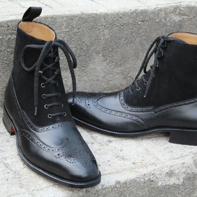 Crafted leather handmade black calf and black dress shoes men classic ankle high lace up wingtip boot - Thumbnail 4