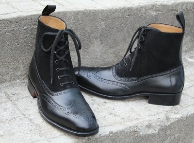 Crafted Leather Handmade Black Calf and Black Dress Shoes Men Classic Ankle High Lace up Wingtip Boot