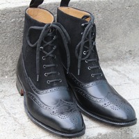 Crafted Leather Handmade Black Calf and Black Dress Shoes Men Classic Ankle High Lace up Wingtip Boot - Thumbnail 1