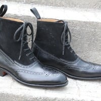 Crafted Leather Handmade Black Calf and Black Dress Shoes Men Classic Ankle High Lace up Wingtip Boot - Thumbnail 6