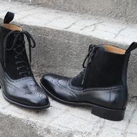 Crafted Leather Handmade Black Calf and Black Dress Shoes Men Classic Ankle High Lace up Wingtip Boot - Thumbnail 7