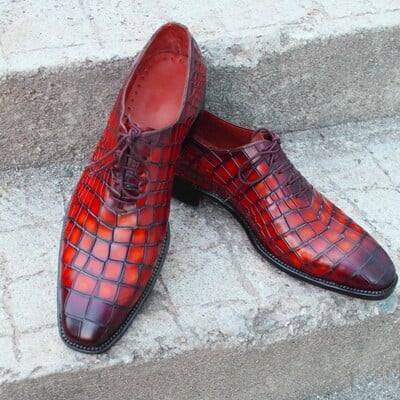 Crafted leather red crocodile oxford alligator dress lace up shoes - Thumbnail 3