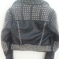 Crafted Leather Handmade Women Punk Style Black Studded Spike Sliver Studs Jacket - Thumbnail 1