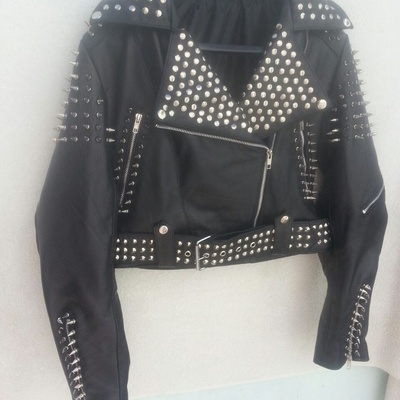 Crafted leather handmade women punk style black studded spike sliver studs jacket - Thumbnail 4