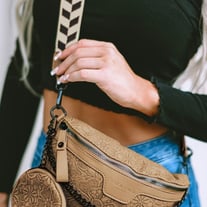 LIFE'S A JOURNEY CAMEL CROSSBODY BELT BAG WITH COIN PURSE 