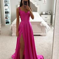 Fashion Spaghetti Straps Rosy Pink Prom Dresses Evening Gowns With Split  - Thumbnail 1