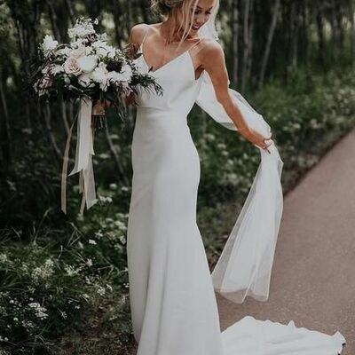 Sheath spaghetti straps simple cheap long wedding dresses with train,1761 - Thumbnail 1